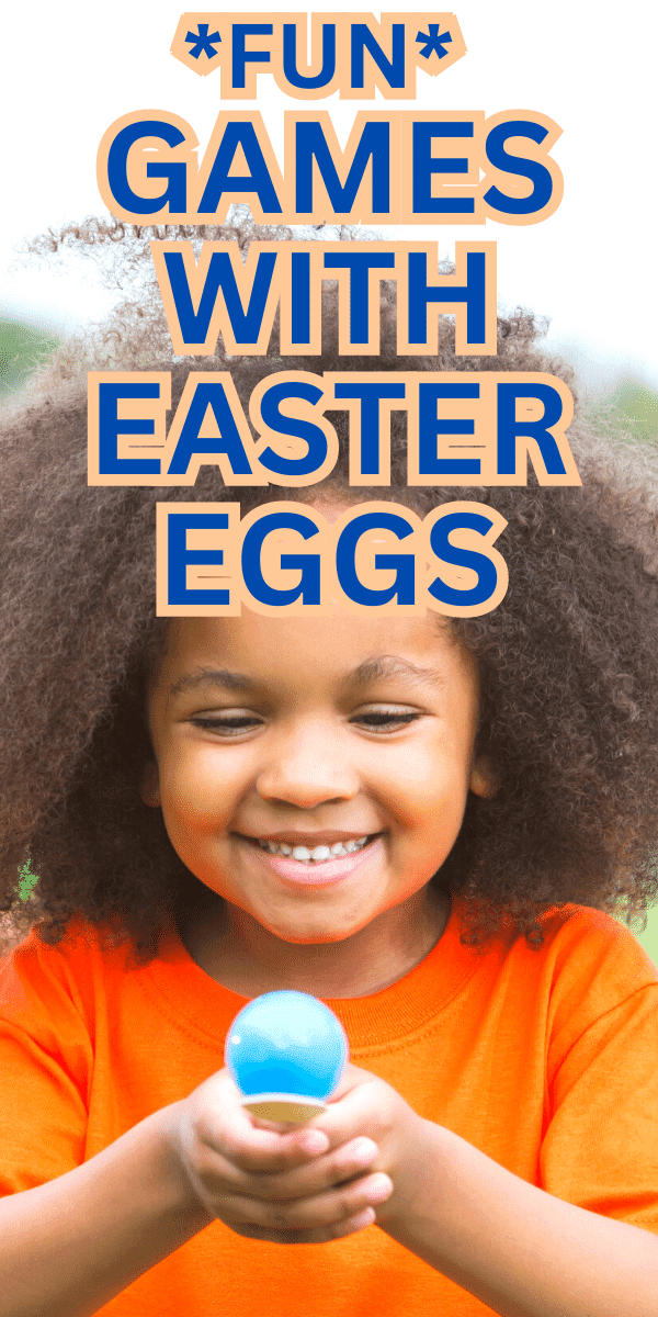 Fun Things To Do With Eggs For Easter (egg spoon relay and more!) TEXT OVER IMAGE OF SMILING AFRICAN AMERICAN CHILD PLAYING EASTER EGG SPOON GAME