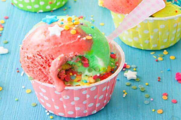 brightly colored ice cream in cups on a table at an Ice Cream Social