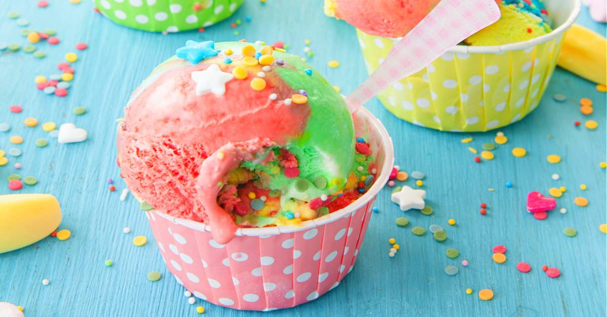 brightly colored ice cream in cups on a table at an Ice Cream Social