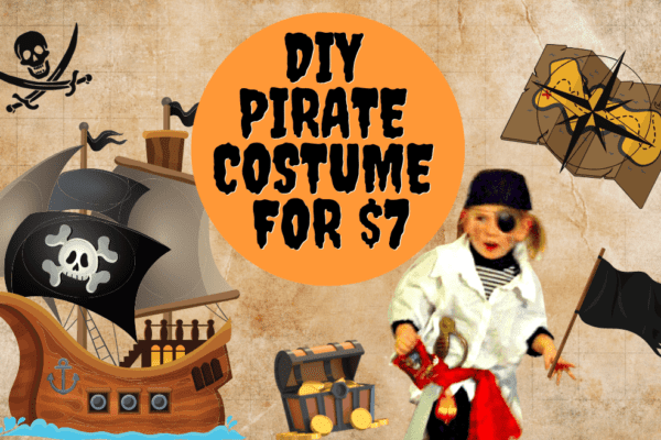 DIY Easy Pirate Costume on a background of cartoon pirate elements