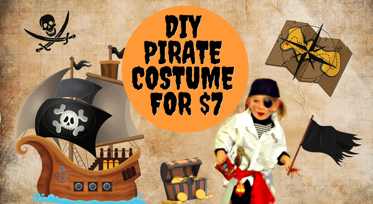 DIY Easy Pirate Costume on a background of cartoon pirate elements