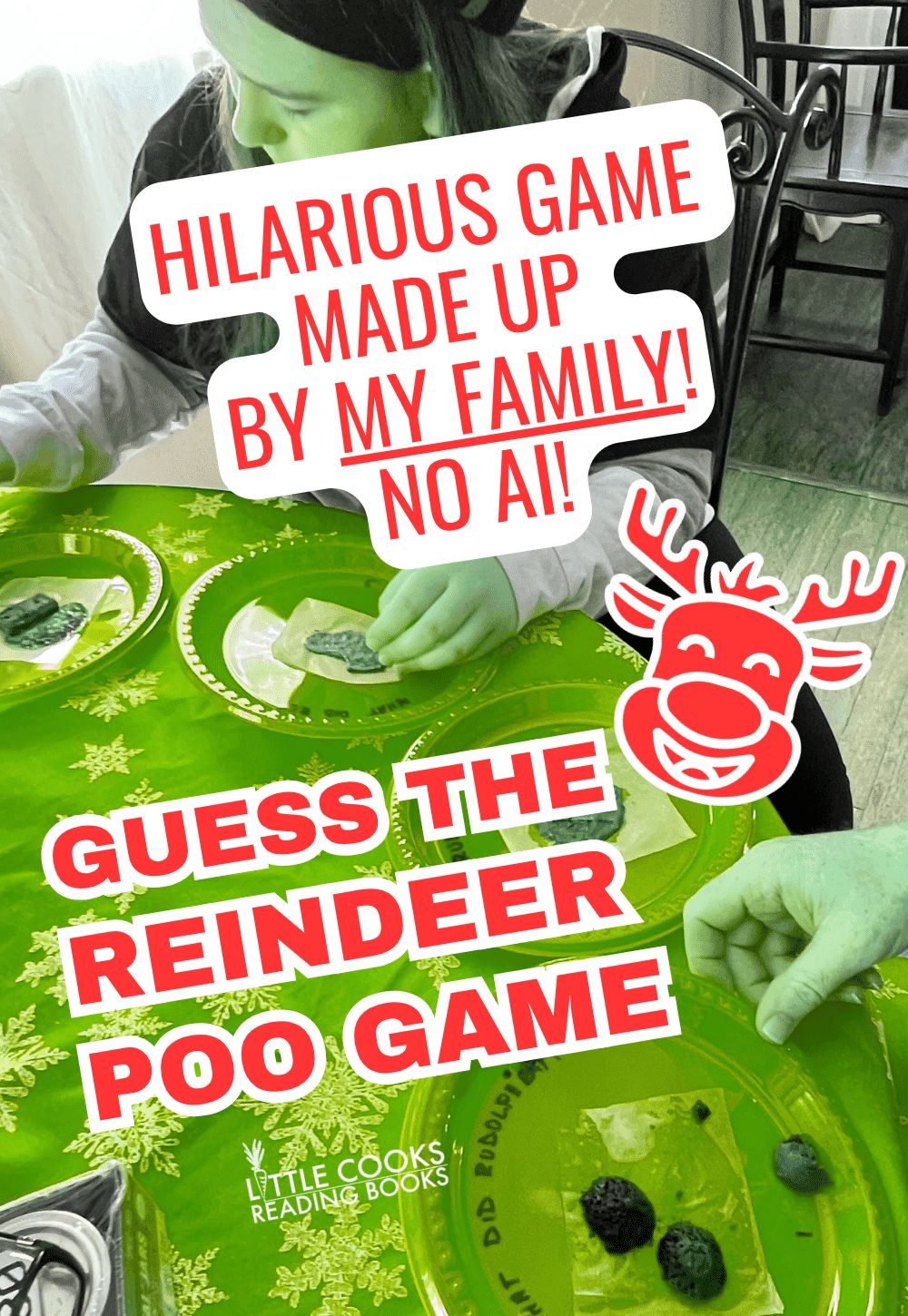 guess the reindeer poo candy bar game played by family on a Christmas table for Christmas party games with text overlay