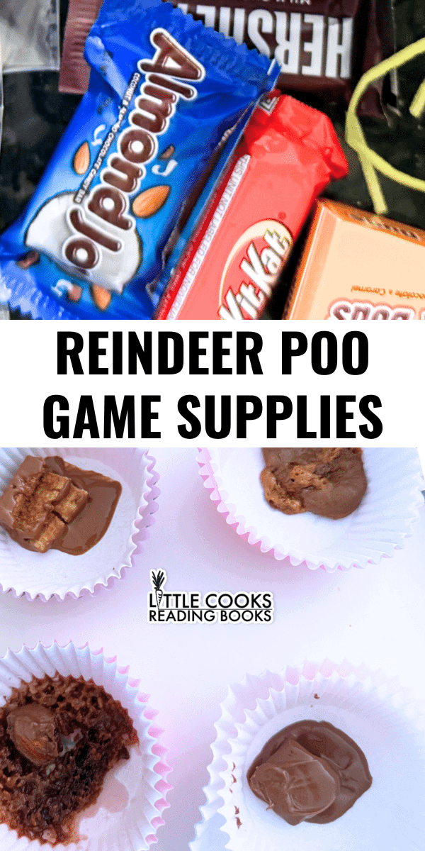 What Did Rudolph Eat Christmas Game Supplies - different chocolate candy bars on a Christmas table and melted chocolate bars for the reindeer poo game