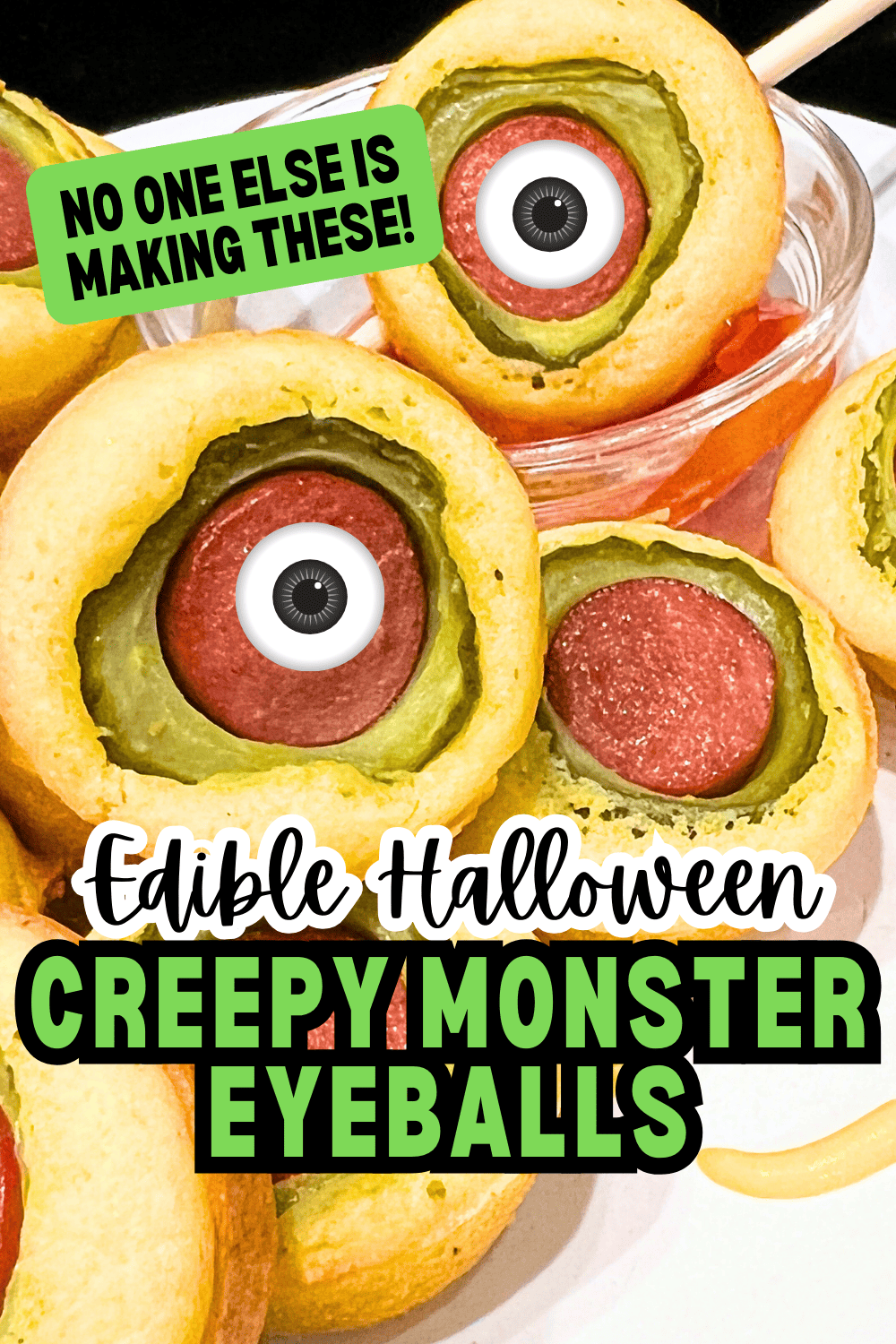FUN HALLOWEEN RECIPE Monster Spooky Eyeballs - text over pickle corn dog bites