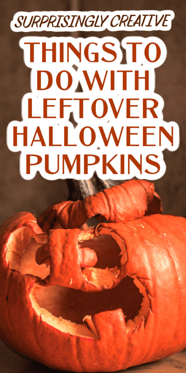 What to do with leftover halloween pumpkins - text over a rotting Halloween pumpkin 