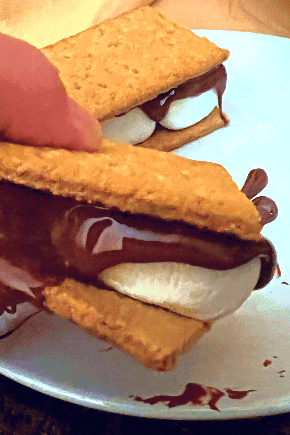 Who needs air fryer s'mores dip when you have an air fried smore (hand holding gooey smore from airfryer)