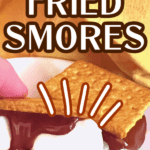 how to make s'mores in an air fryer text over someone holding air fried smores