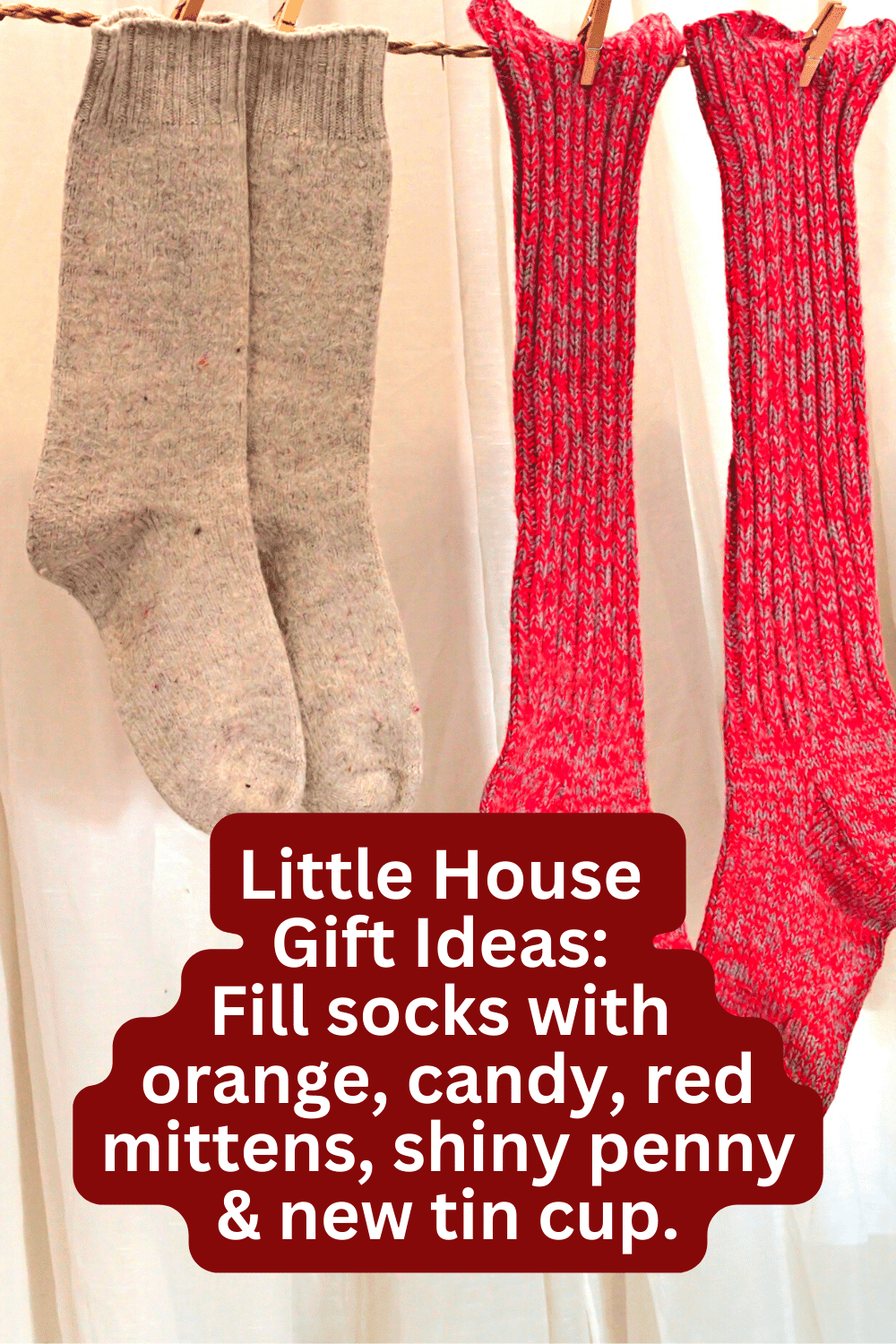 Little House On the Prairie Christmas Gifts in Wool Stockings wool socks hanging from twine