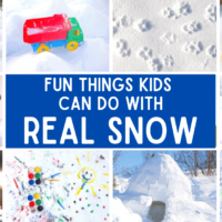 What To Make With Real Snow For Kids text over different photos of kids snow activities