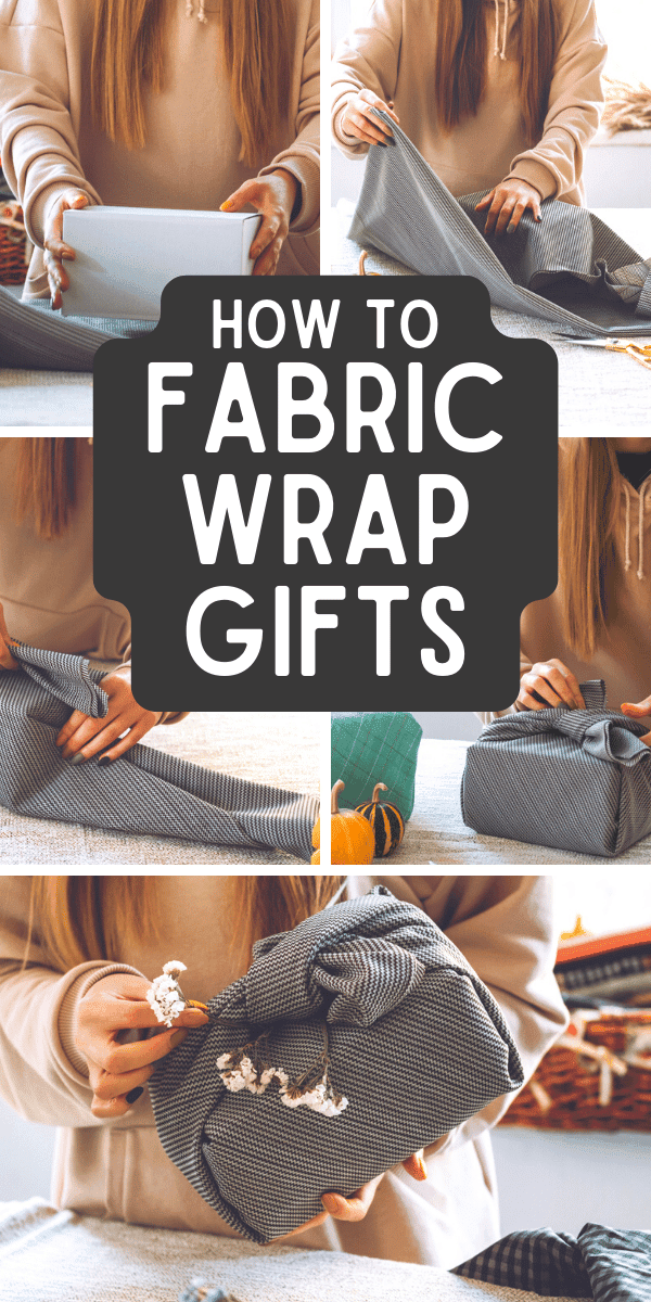 furoshiki wrapping cloths technique (furoshiki holiday wrapping cloth / how to wrap presents with fabric) text over step by step fabric gift wrapping
