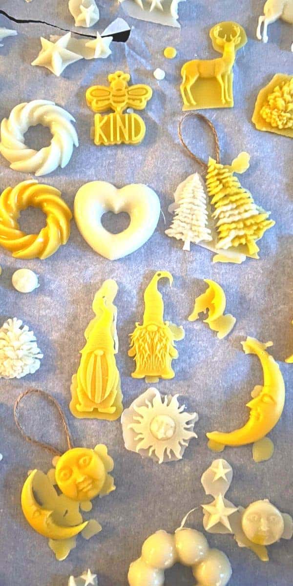 Homemade Beeswax yellow Christmas tree ornaments and white beeswax holiday ornaments