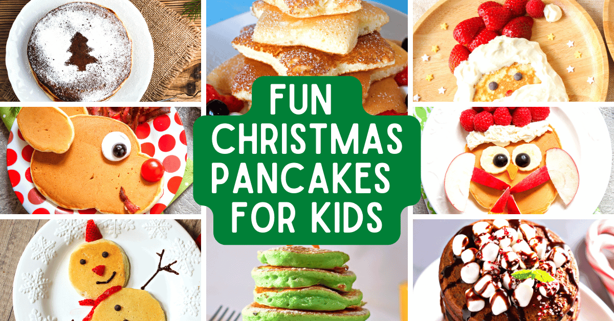 Christmas morning breakfast pancakes with text over the pancake designs (Christmas pancakes recipes ideas and creative Christmas breakfasts)