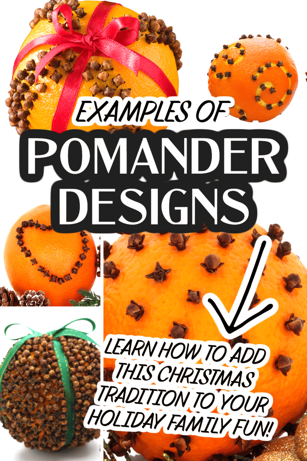 Different Examples of pomander ball designs (pomander balls Christmas ornaments / orange pomander designs) with text on top