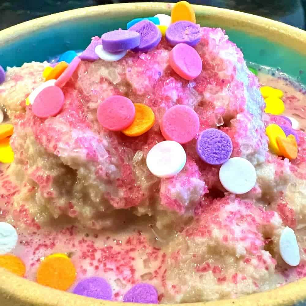 How to Make Snow Cream with Chocolate snow ice cream in dish with colored sprinkles (homemade ice cream using snow)