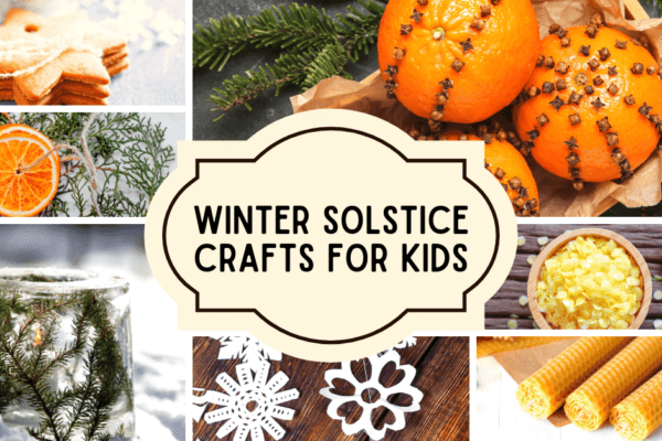 Winter Solstice Craft Projects for December Kids Activities (top down view of different winter solstice crafts for kids)