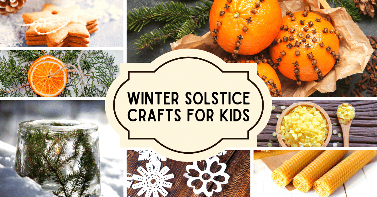 Winter Solstice Craft Projects for December Kids Activities (top down view of different winter solstice crafts for kids)