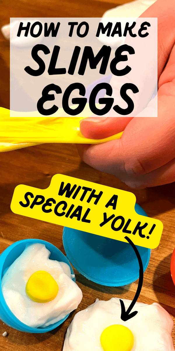 How to make thick slime with laundry detergent for egg yolk slime text over hand playing with slime egg and slime eggs on a table
