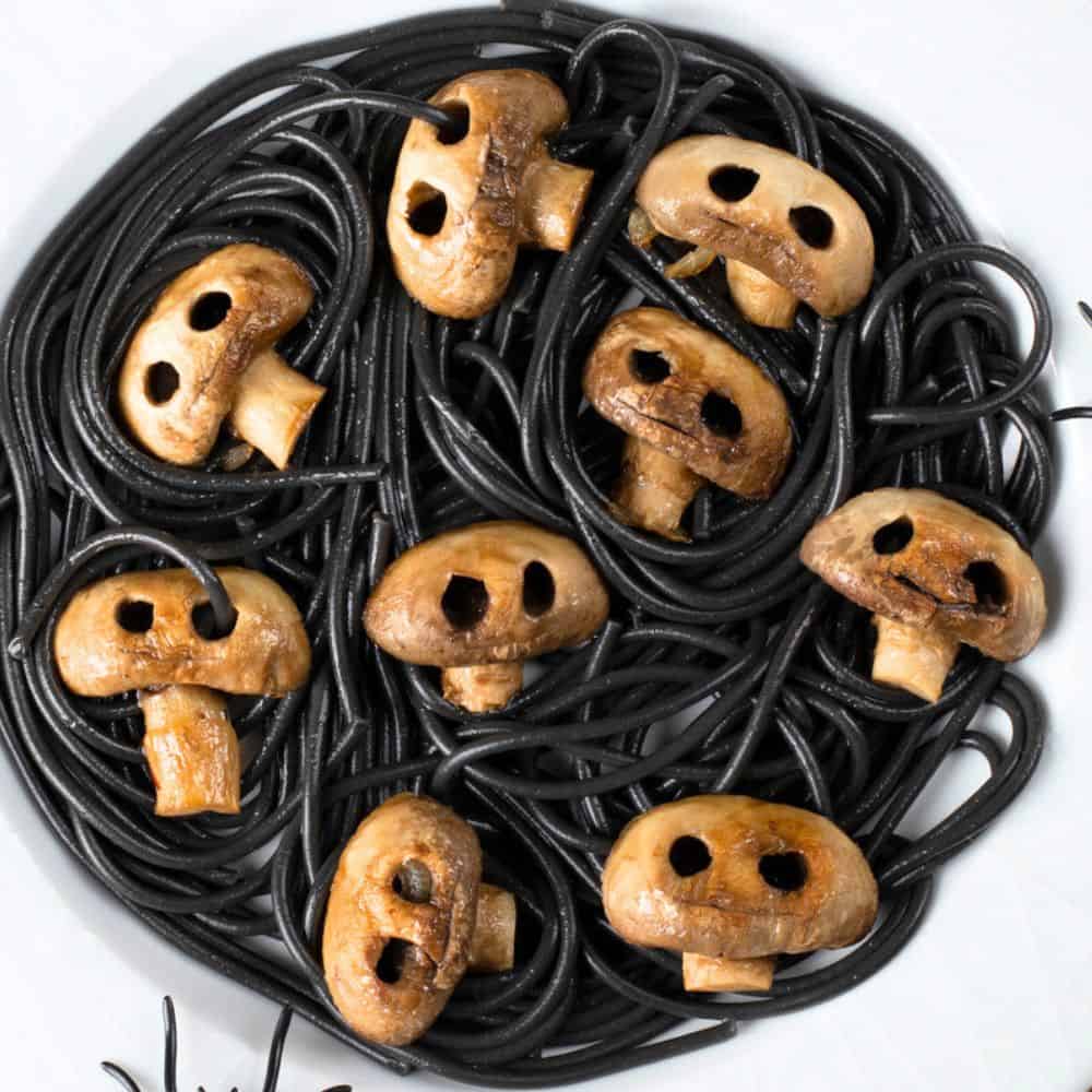Black Halloween Pasta With Mummy Mushrooms
