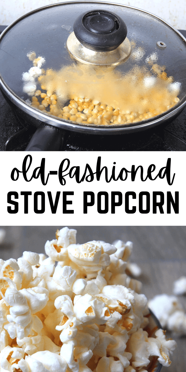 How To Make Stove Popcorn (how to make popcorn from scratch) popcorn in skillet on stove and popcorn popped in pan on table