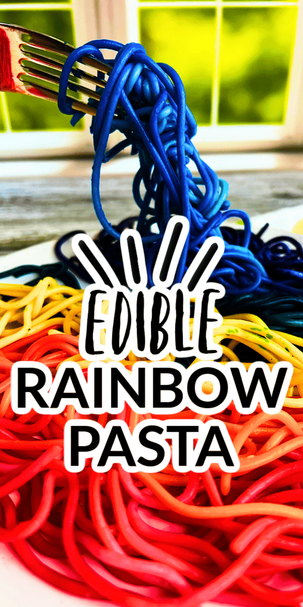 How to Make Rainbow Pasta Noodles To Eat colored spaghetti noodles on a plate in front of a window