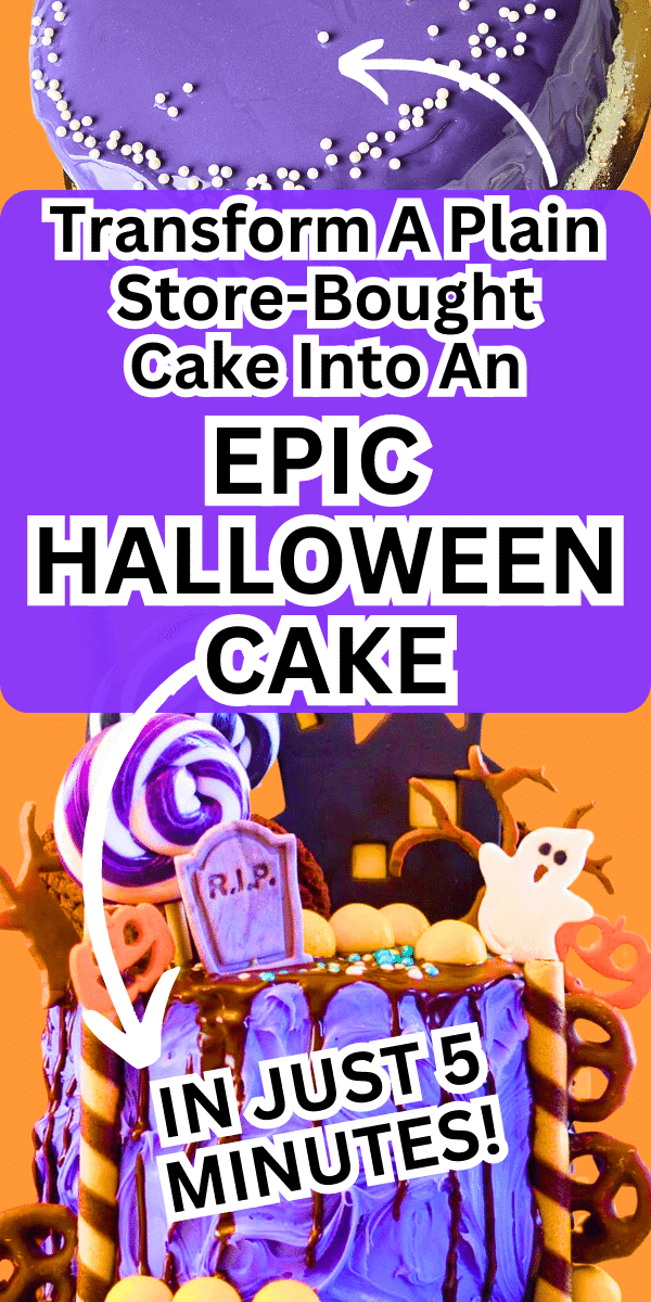 Store Bought Halloween Treat Hacks and Easy Halloween Food Tips text over DIY Halloween cake with purple icing and Halloween decorations