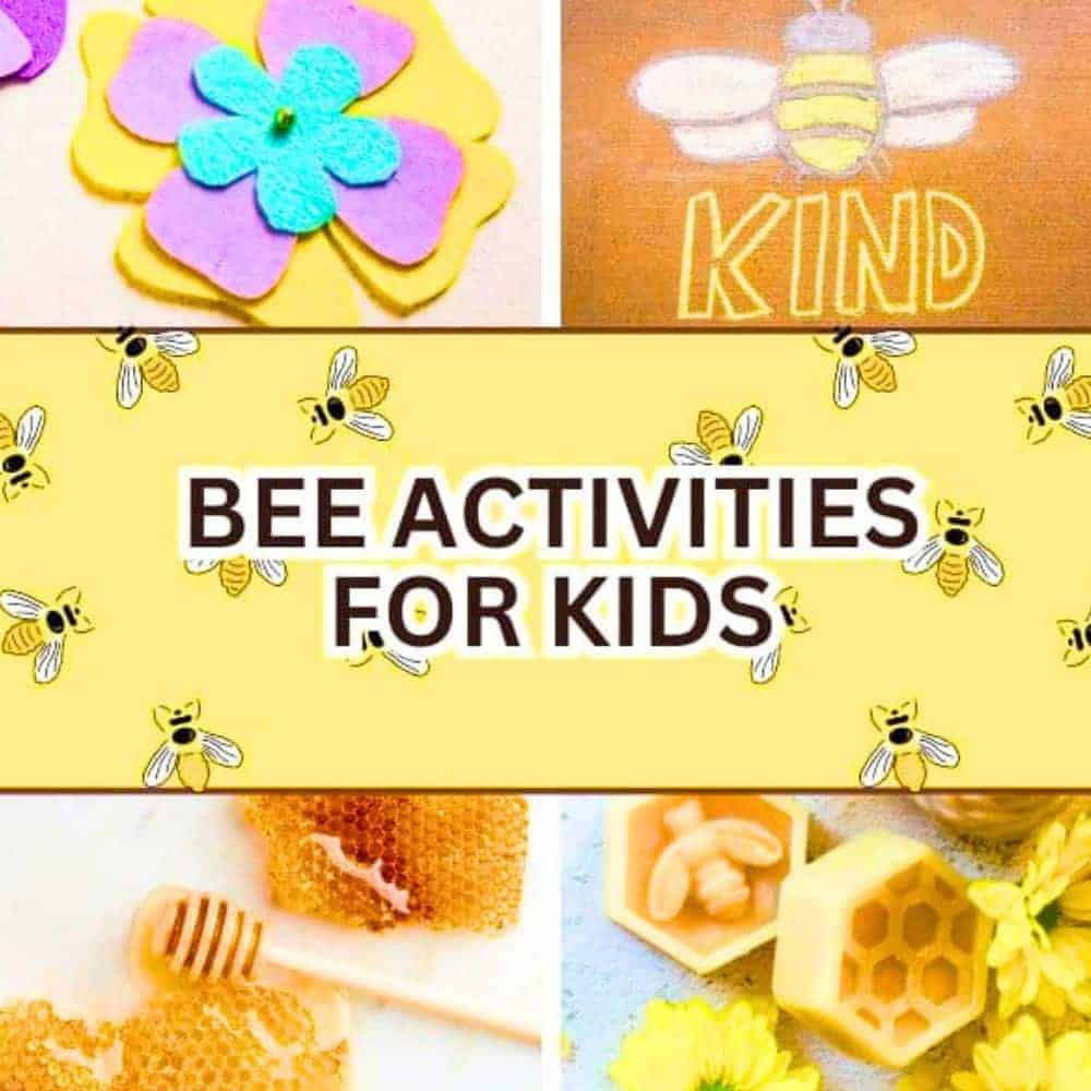 Bee Activity Ideas for Children text with different images of bee crafts