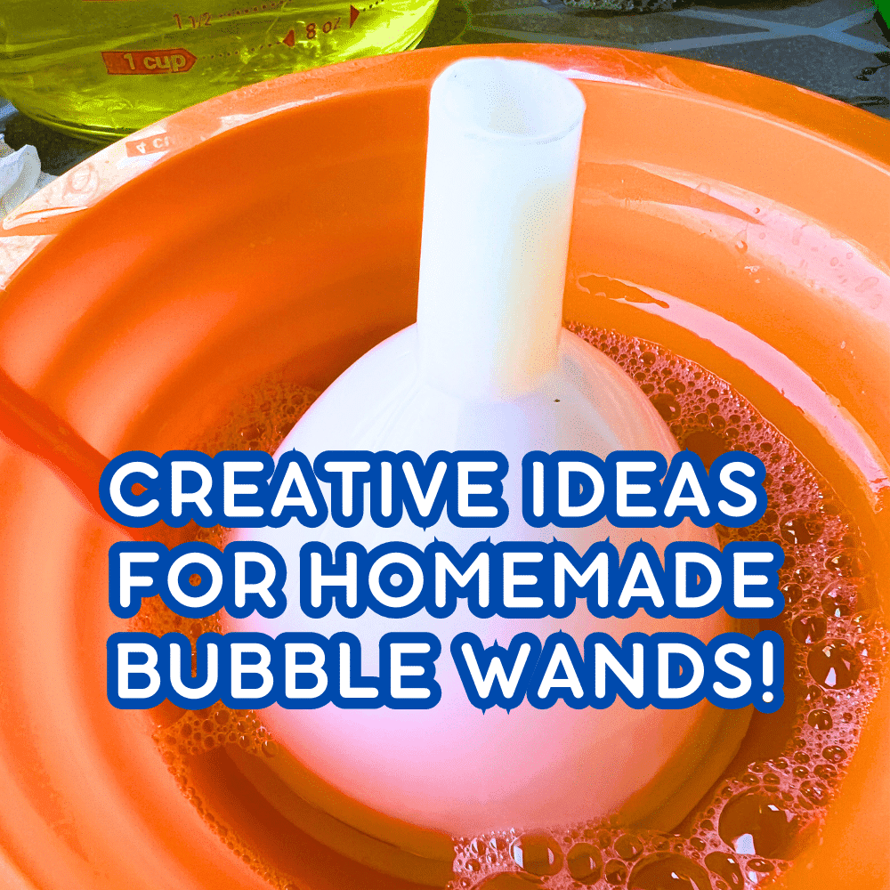 DIY Homemade Bubble Wand small food funnel sitting in a bowl of diy bubble solution as a diy bubbles wand