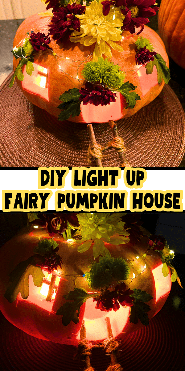 DIY Fairy House Jack-o-Lantern pumpkin carved like a fairy home decorated with flowers (fairy pumpkin carving)