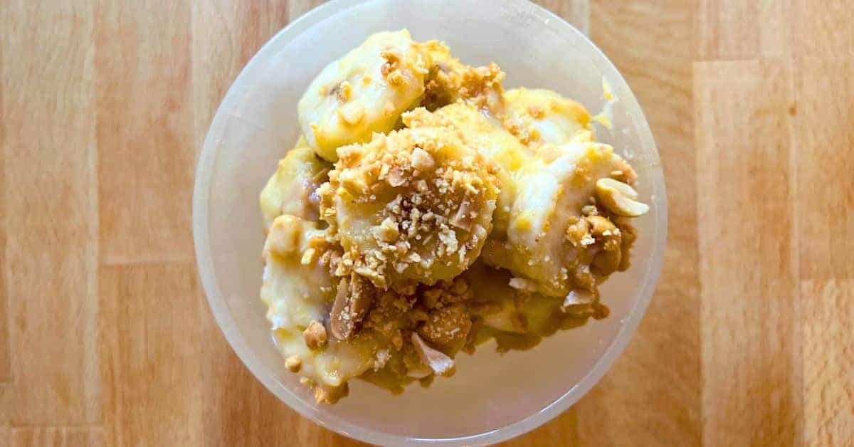 Southern Banana Peanut Salad Recipe on a butcher block counter top