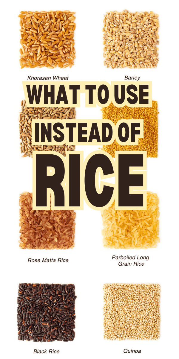 Healthy Rice Alternative For Rice Recipes different grains to use instead of rice on a white background with text over it