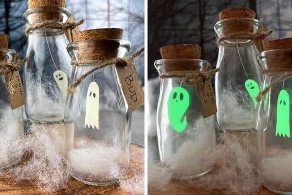 DIY Glowing Pet Ghost In A Jar Craft For Kids 2 pictures of bottle ghost crafts one with glowing ghosts in a jar and the other with light jar ghost both in front of a spooky Halloween moon window