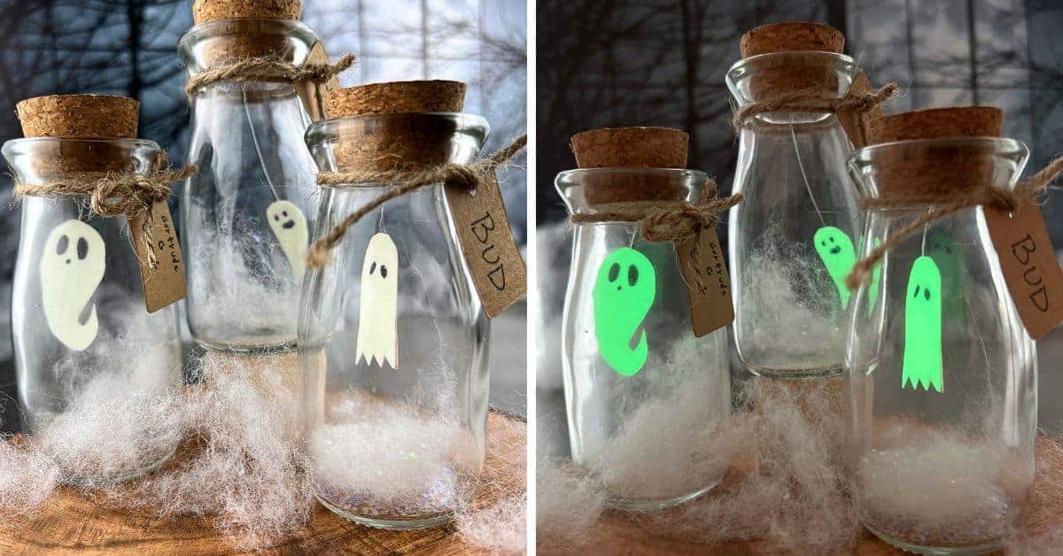 DIY Glowing Pet Ghost In A Jar Craft For Kids 2 pictures of bottle ghost crafts one with glowing ghosts in a jar and the other with light jar ghost both in front of a spooky Halloween moon window 
