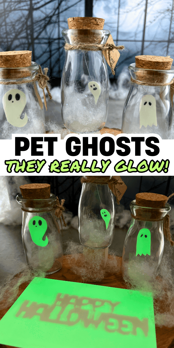 Glow Ghost in a Jar Halloween Craft images with text over them
