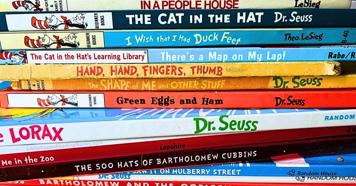 List of Dr Seuss books different Seuss children's books stacked on top of each other (Complete Dr Seuss books list)
