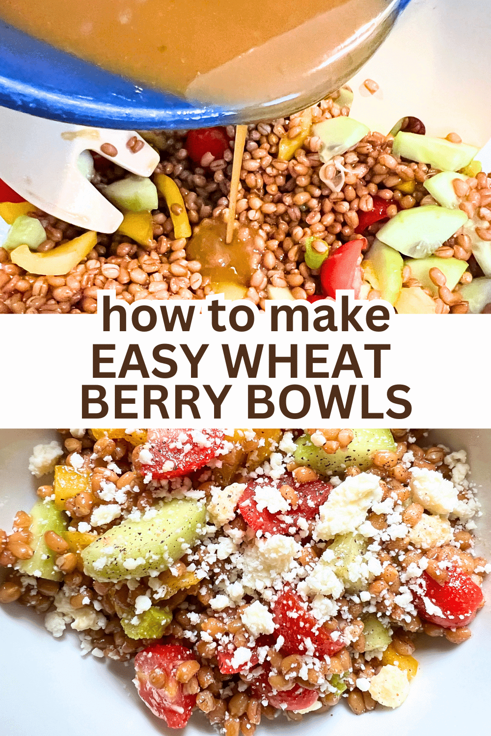 Easy Wheat Berry Bowl Recipe For Lunches or Simple Dinner (HEALTHY BOWL RECIPES) - text over ingredients for wheatberry bowls and then finished wheat berry and vegetable salad