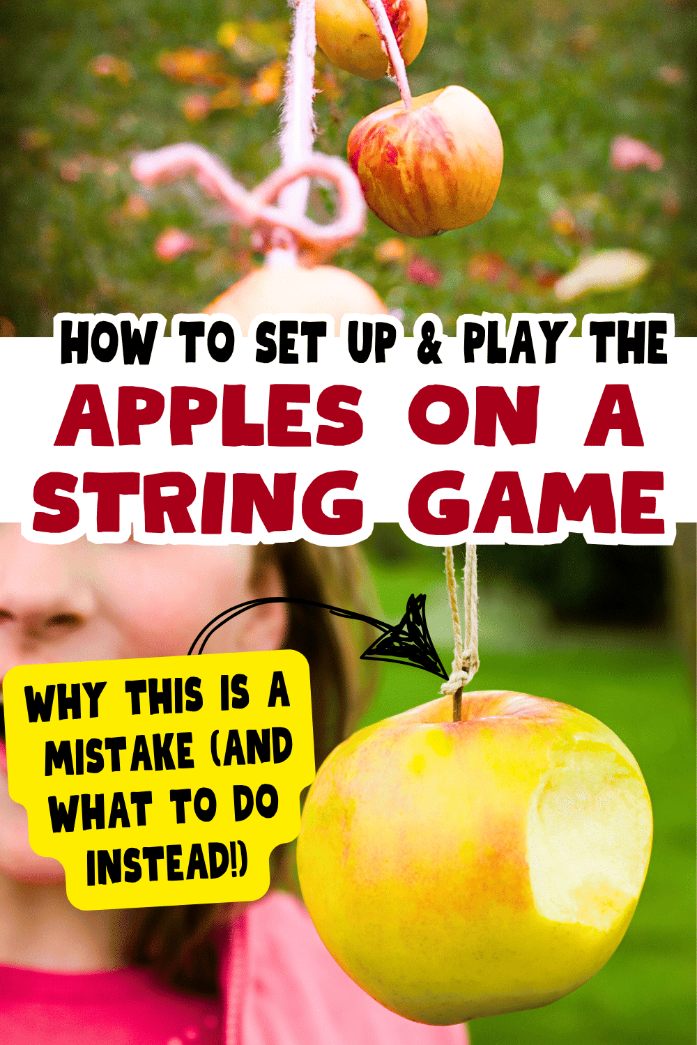APPLES ON STRING GAME text over hanging apples game outside