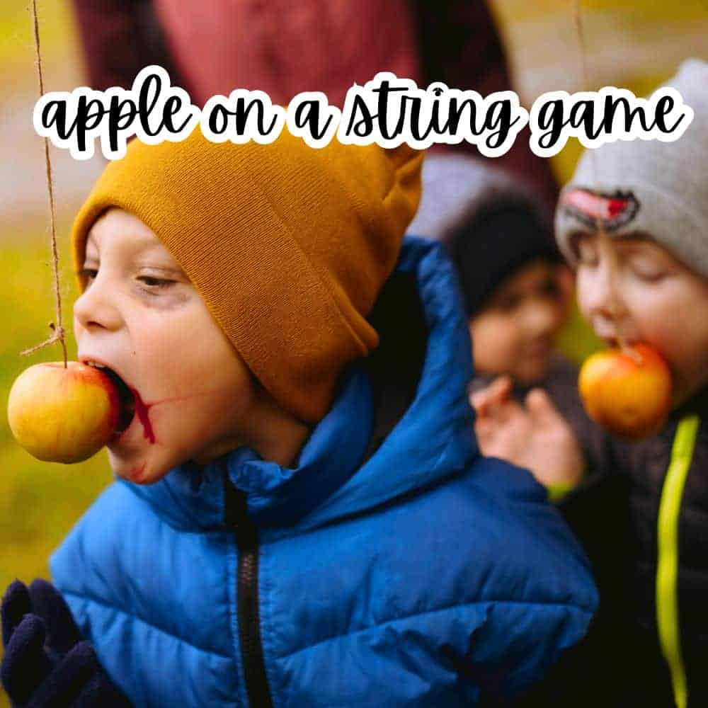Apple Bobbing On A String Game - text with pictures of kids playing apple string games outdoors