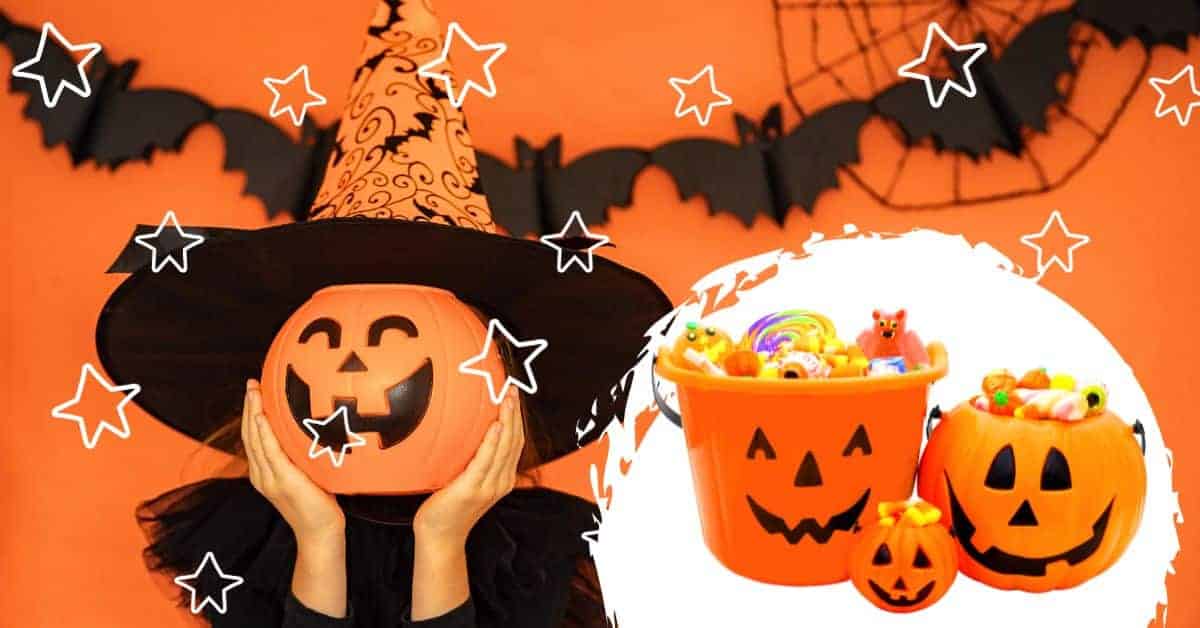 Best Switch Witch Halloween Ideas For Kids (New Halloween Tradition Trend) - Nice Switch Witch in hat hiding behind pumpkin halloween bowl with bowls full of candy next to her