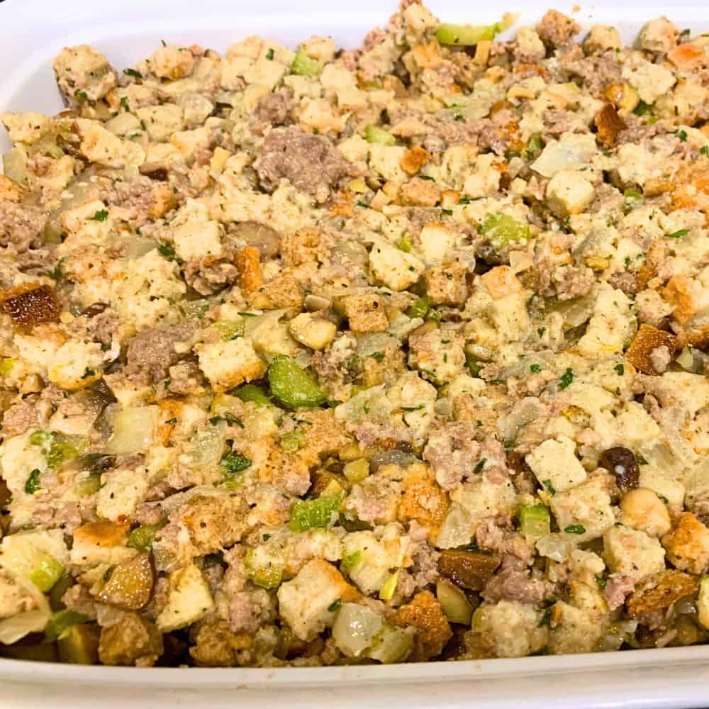 Uncooked Thanksgiving Stuffing In A Casserole Dish