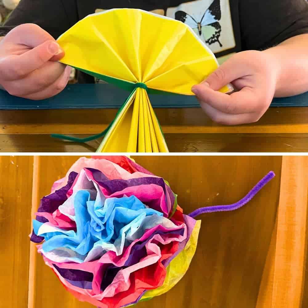 Tissue paper flower how to directions (how to fold and fluff tissue paper flowers) - hands holding tissue paper and picture of tissue paper flower craft on table