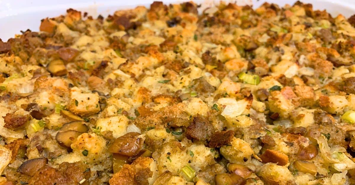 Turkey Dressing Old Fashioned Recipe in a white casserole dish (homemade stuffing recipe)