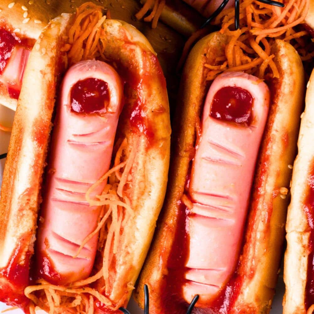 Zombie Fingers Hotdogs - hot dogs that look like fingers in a hot dog bun with ketchup