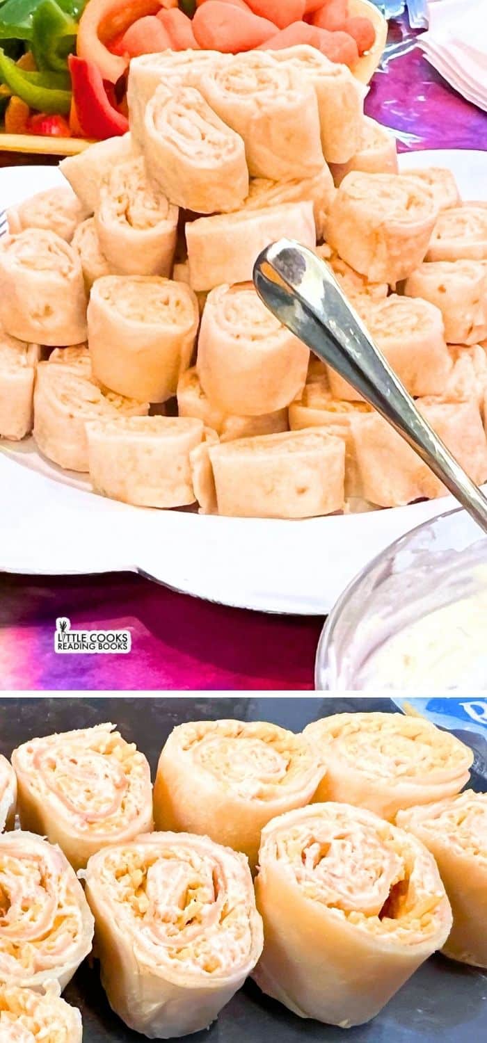 Bite Sized Fiesta Roll Ups Tortilla Pinwheels Easy Tortilla Pinwheels on party platters on a party food table