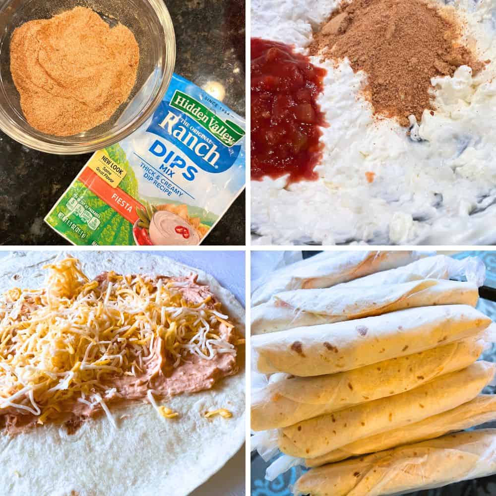 Making Mexican Fiesta Roll-Up Ingredients and Rolling Pinwheels step by step fiesta roll up pictures