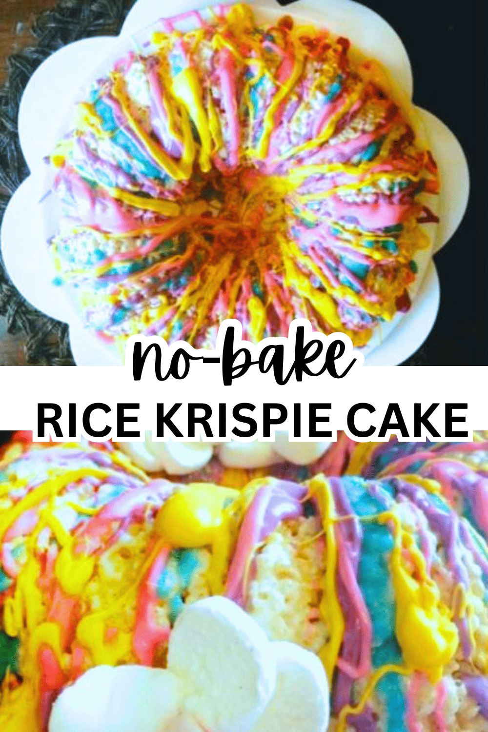 Easy No Bake Rice Krispie Cake Recipe top view and side view of no bake cake with marshmallow flowers