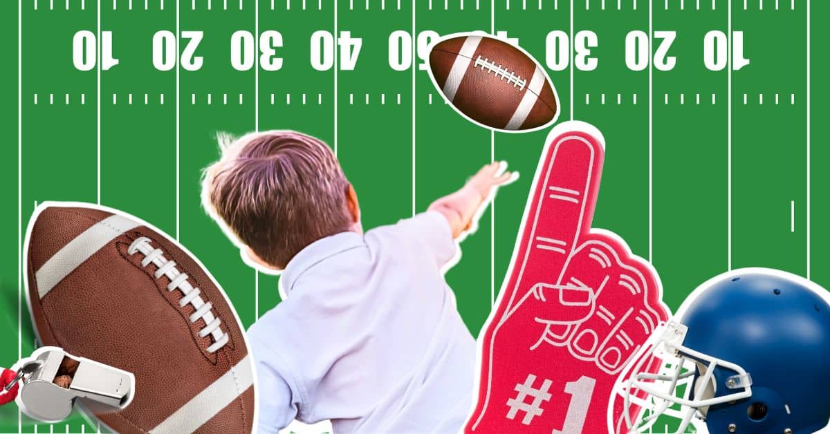 Kid-Friendly Super Bowl Party Ideas And ActivitiesAnd Activities different images of football party like child throwing a football, football foam finger favors, and football helmet