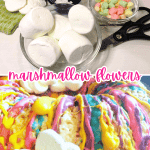 Marshmallow Flowers Recipe Edible Kids Crafts - marshmallows flowers ingredients with picture of marshmallow flowers on a pastel iced cake