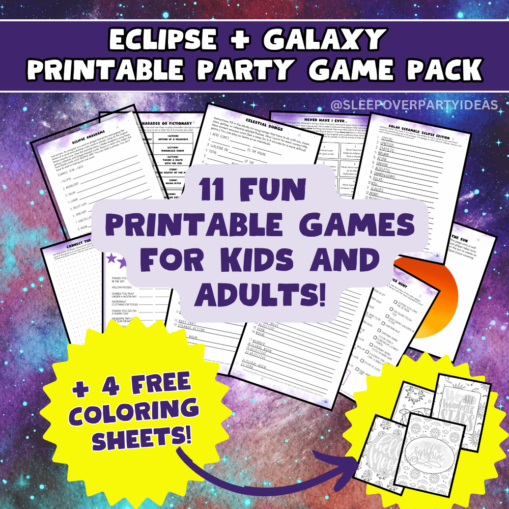 ECLIPSE PRINTABLE PARTY GAMES - TEXT OVER PAGES OF ECLIPSE GALAXY PARTY PRINTABLE GAMES