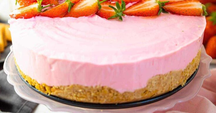 Easy Strawberry No Bake Cheesecake Dessert on a pie plate with fresh strawberry slices on top