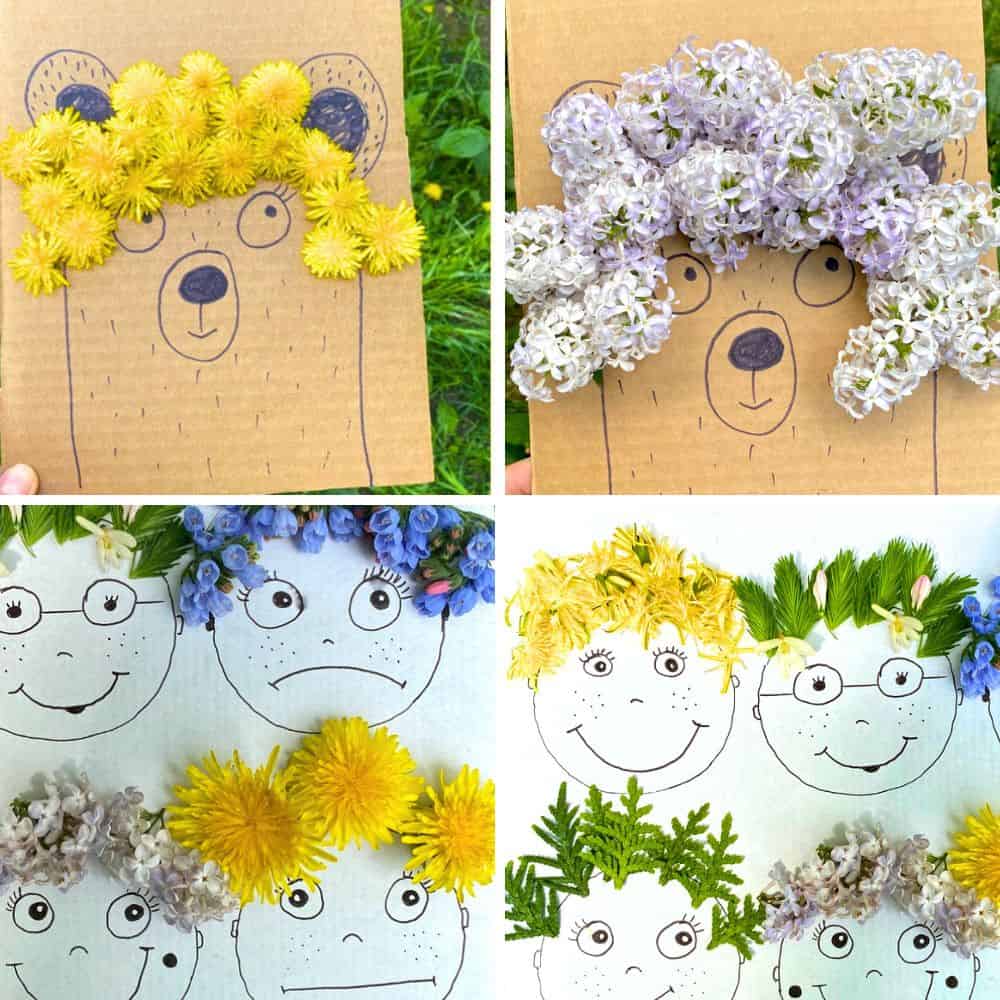 FLOWER CRAFTS Funny Flower Face Craft For Kids Nature Activities pictures of flowers crafts with animal drawings and faces drawings with flower hair